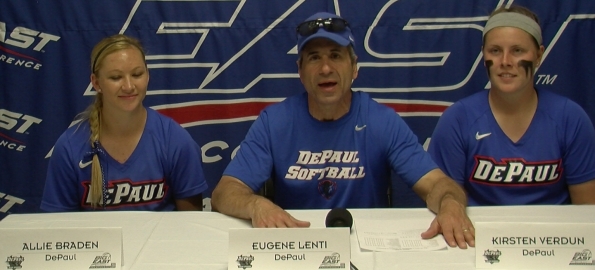DEPAUL BLUE DEMON SOFTBALL TEAM SPEAKS AT AFTER ADVANCING TO CHAMPIONSHIP.   