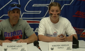 DEPAUL COACH EUGENE LENTI AND KIRSTEN VERDUN AT THE POST GAME PRESS CONFERENCE